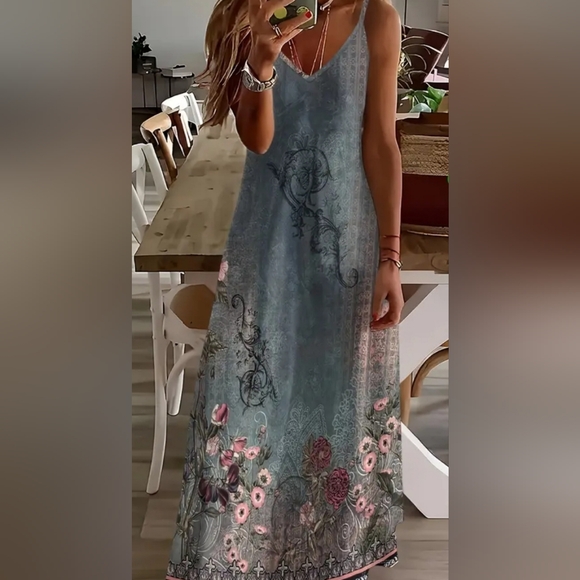 FLORAL V-NECK CAMI DRESS - Picture 1 of 3